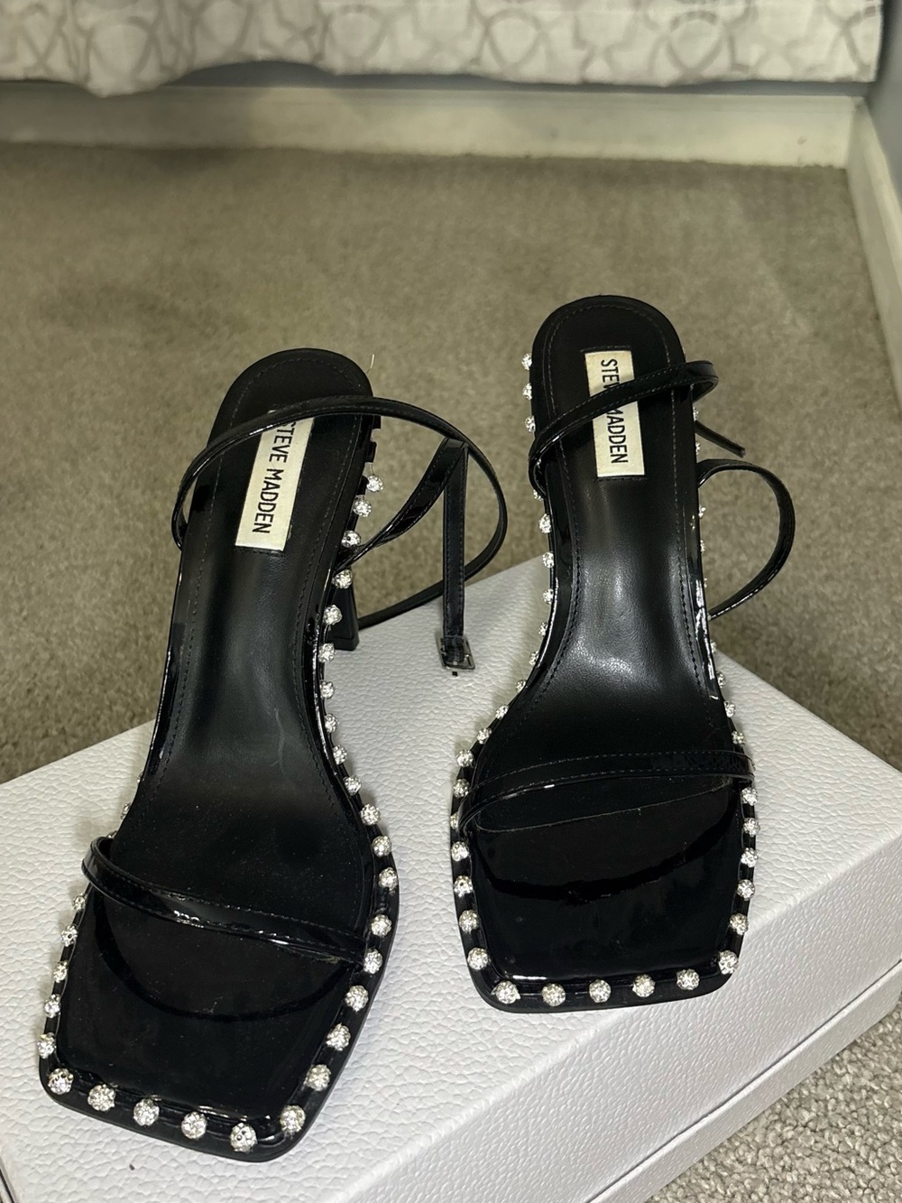 Steve Madden Black Patent Strappy Heels with Crystal Trim